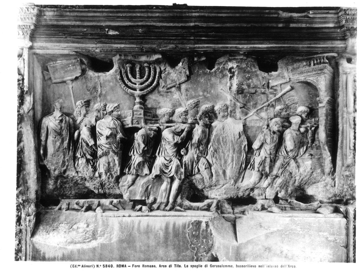 The Arch of Titus, detail of the Temple treasures being carried after ...