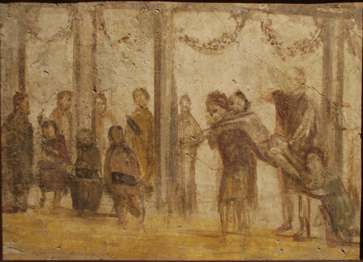 The Punishment of a Pupil. Fresco from the House of Julia Felix by Roman Pompeian wall painting.