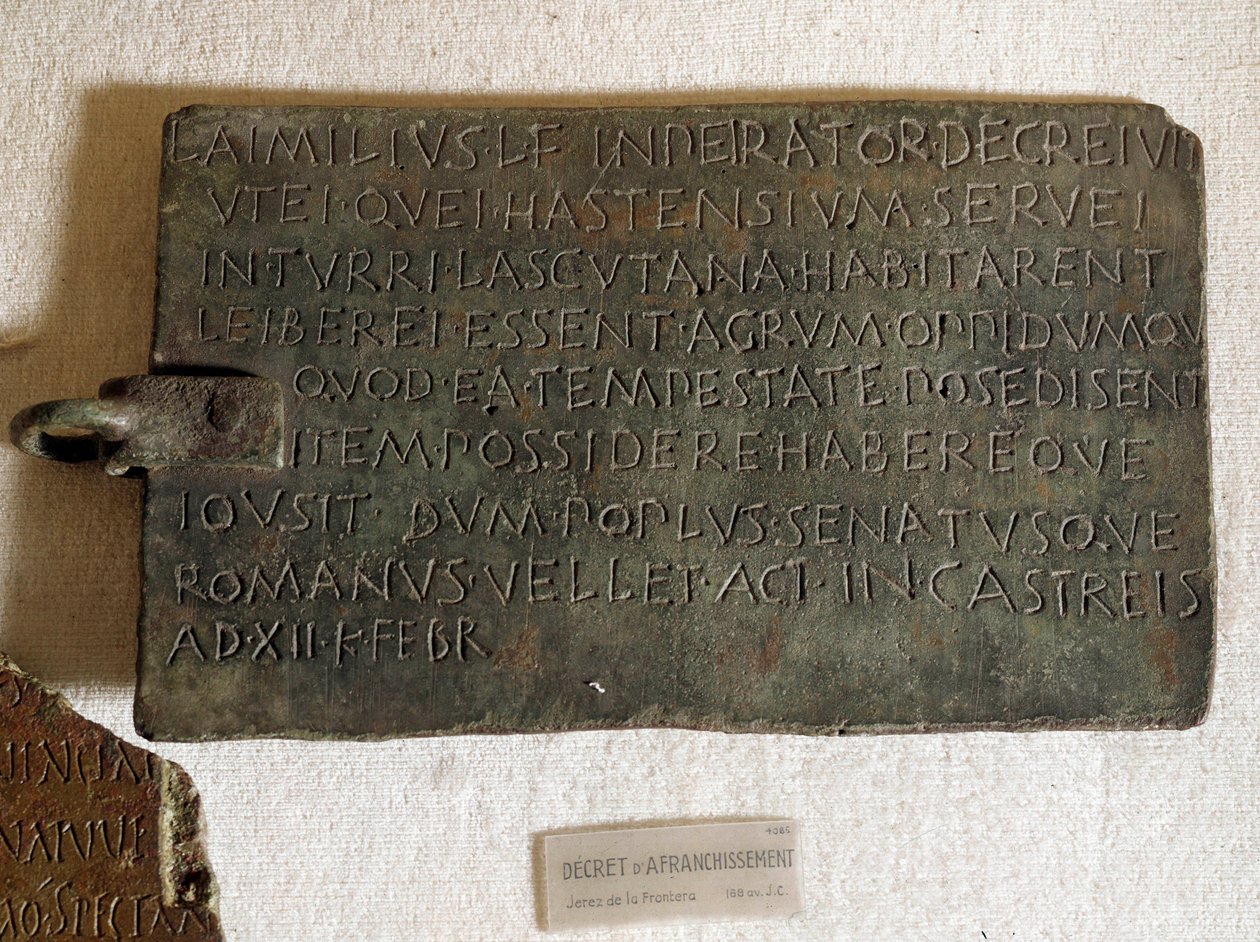 Decret of postage in Latin on bronze plate: it was promulgated on January 21 by Roman Roman