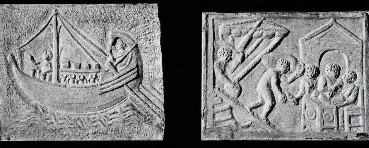 Relief depicting a merchant ship and relief depicting the unloading of a ship by Roman Roman