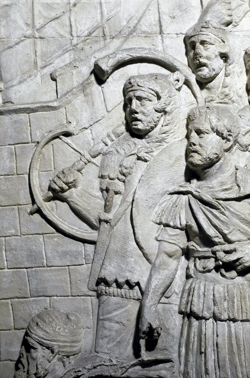 Roman Art: Roman warriors during the first war in Dacia. Mould of 1862 reproducing the bas-reliefs of the column of Trajan (Colonna Traiana) in Rome built during the reign of Emperor Trajan (53-117) by Roman Roman