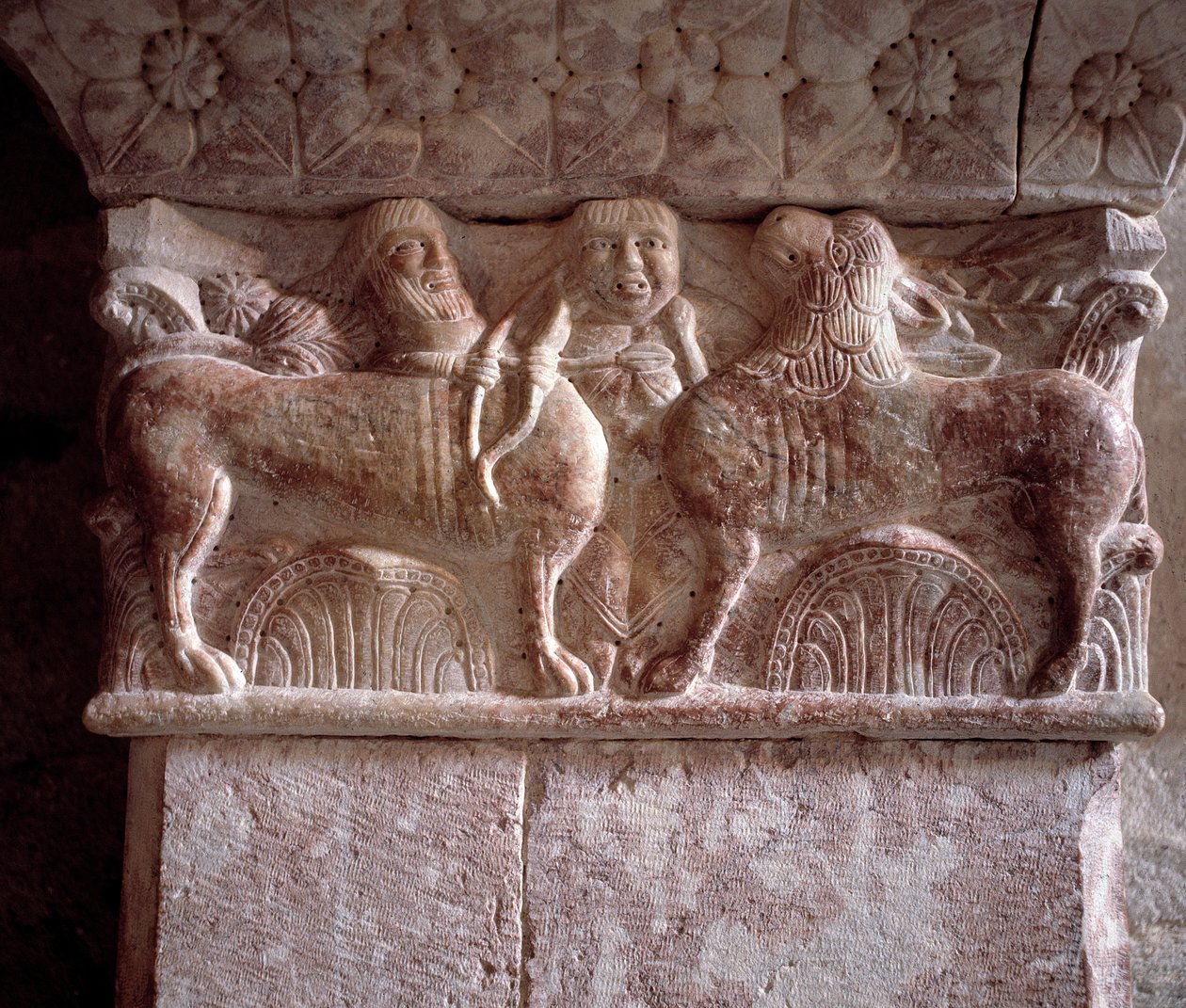 Hunting scene, carved capital in the tribune of the Priory by Romanesque