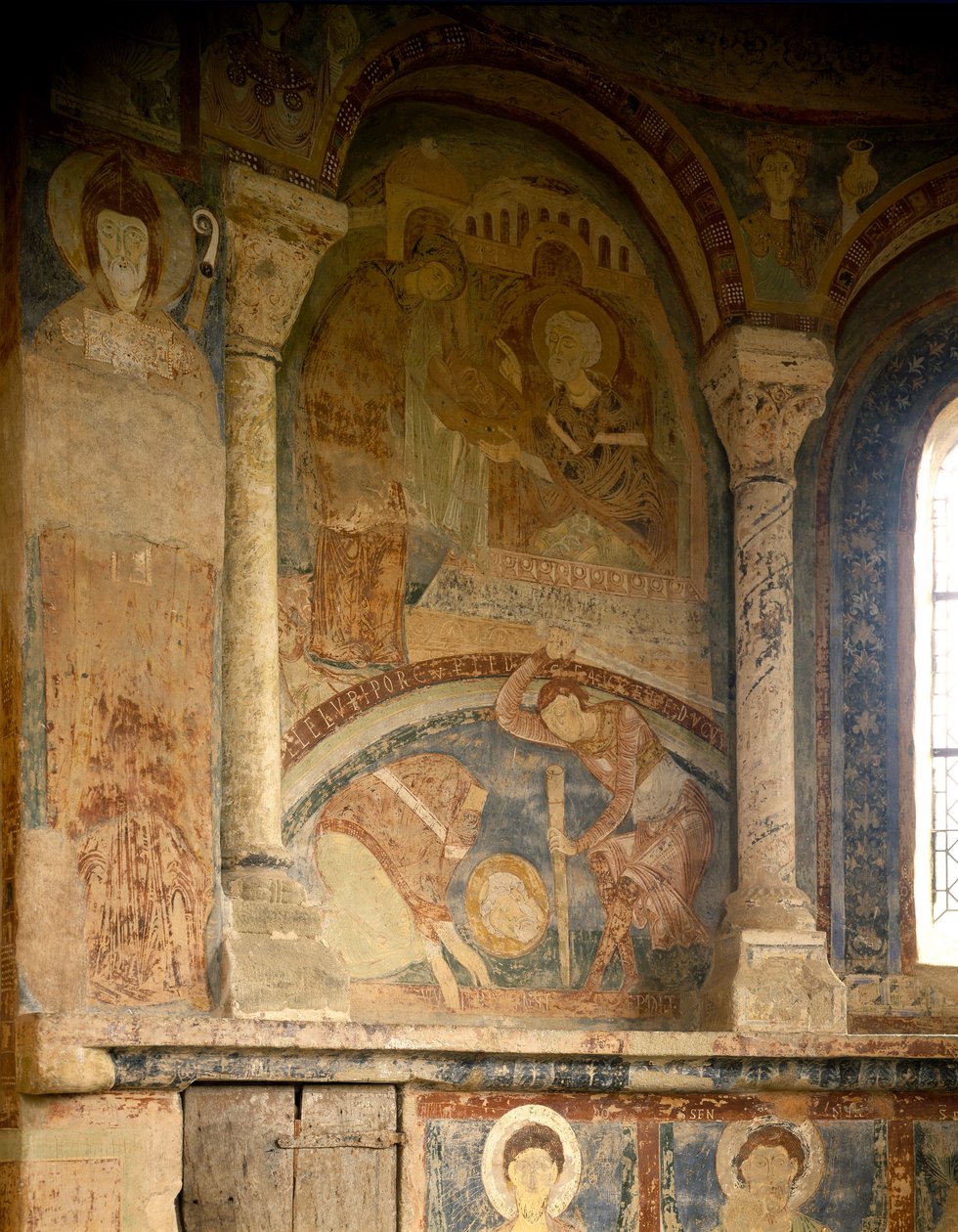 Romanesque Art: Painting depicting the martyr of Saint Laurent. Fresco. Chapel of the Chateau des Moines, Berze la Ville, France by Romanesque