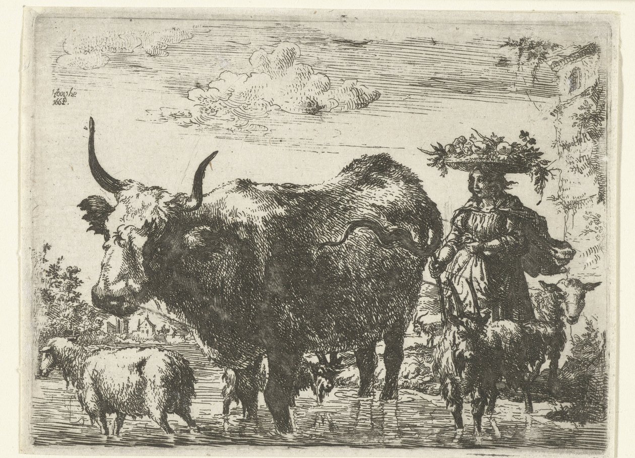 Shepherdess with Basket on Head, a Cow, Two Goats, and Two Sheep in the Water by Romeyn de Hooghe