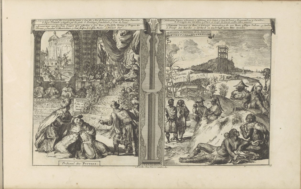Tribunal in Persia; Khoikhoi and Guineans by Romeyn de Hooghe