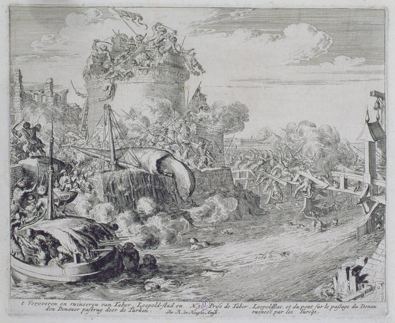Vienna Print Cycle, Conquering Tabor Island on the Outskirts of Leopoldstadt, 1683 by Romeyn de Hooghe