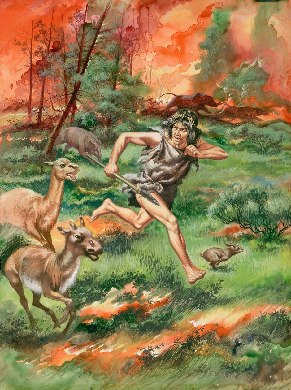 Stone Age Man, Fleeing Fire Along with Animals by Ron Embleton