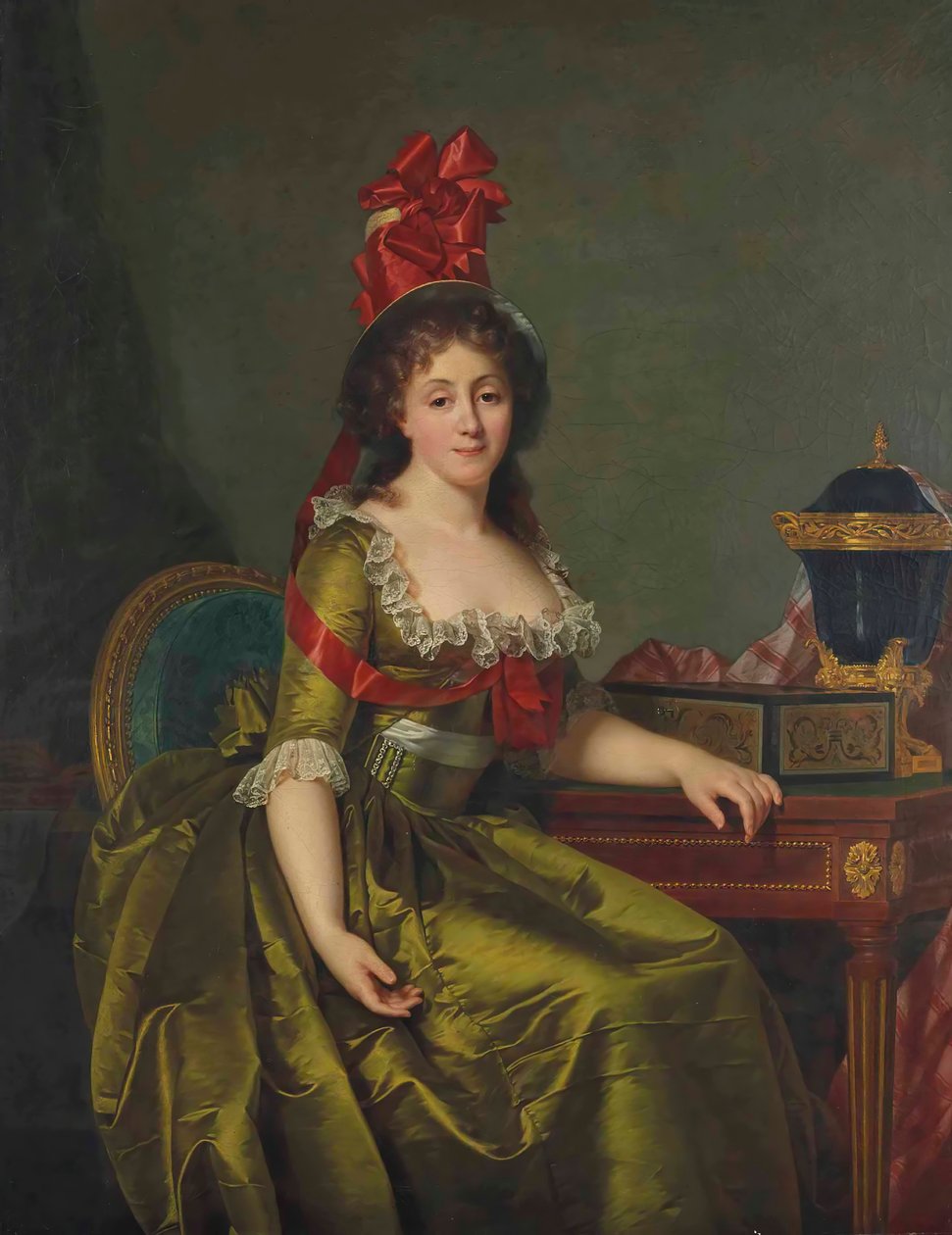 Portrait of a lady, in a green satin dress and a bonnet with red ribbons by Rose Adelaide Ducreux