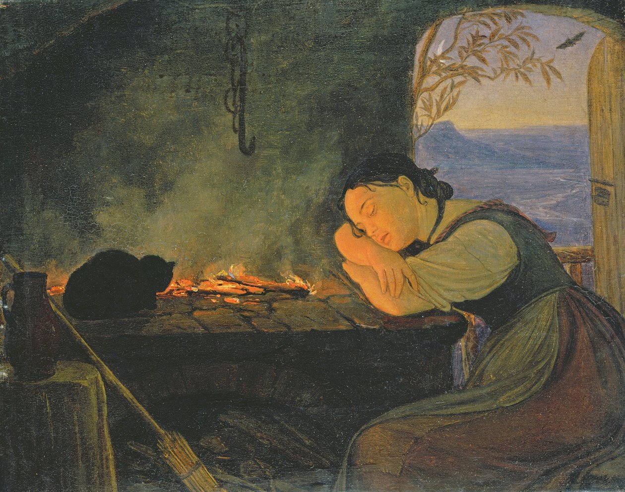 Girl Sleeping by the Fire, 1843 by Rudolph Friedrich Wasmann