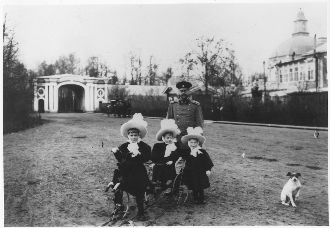 Carl Michael, Duke of Mecklenburg-Strelitz with his 3 nieces, Katya, Menka and Tasha, at Oranienbaum Palace near St. Petersburg, c.1898 by Russian Photographer