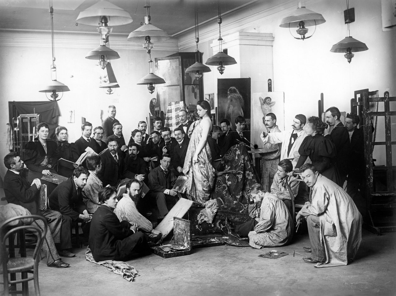 Ilya Repin teaching a life class at the Imperial Academy, St. Petersburg, 1898 by Russian Photographer