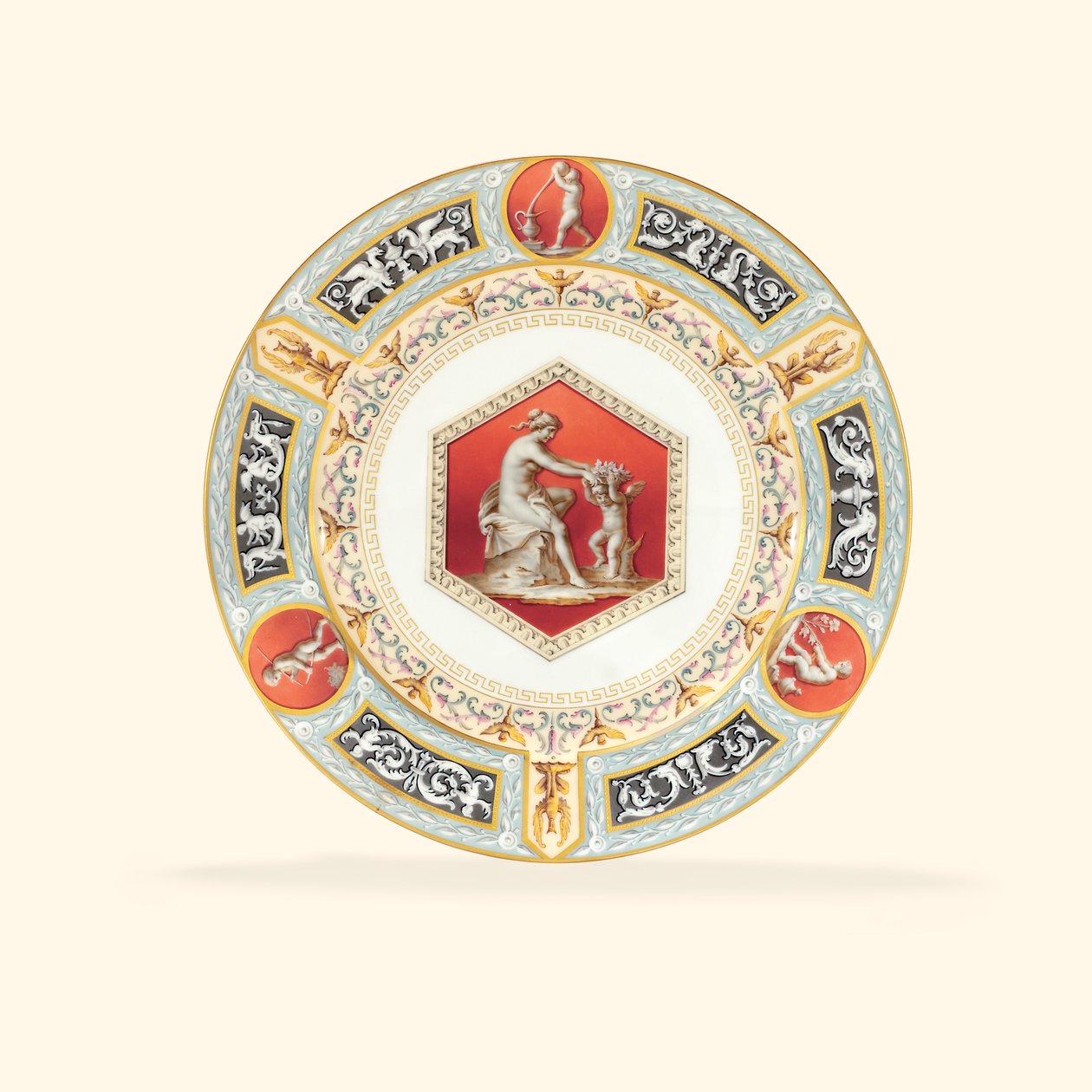 A porcelain dinner plate from the Raphael Service, the centre depicting a classicising lady and a putto, 1903 by Russian School