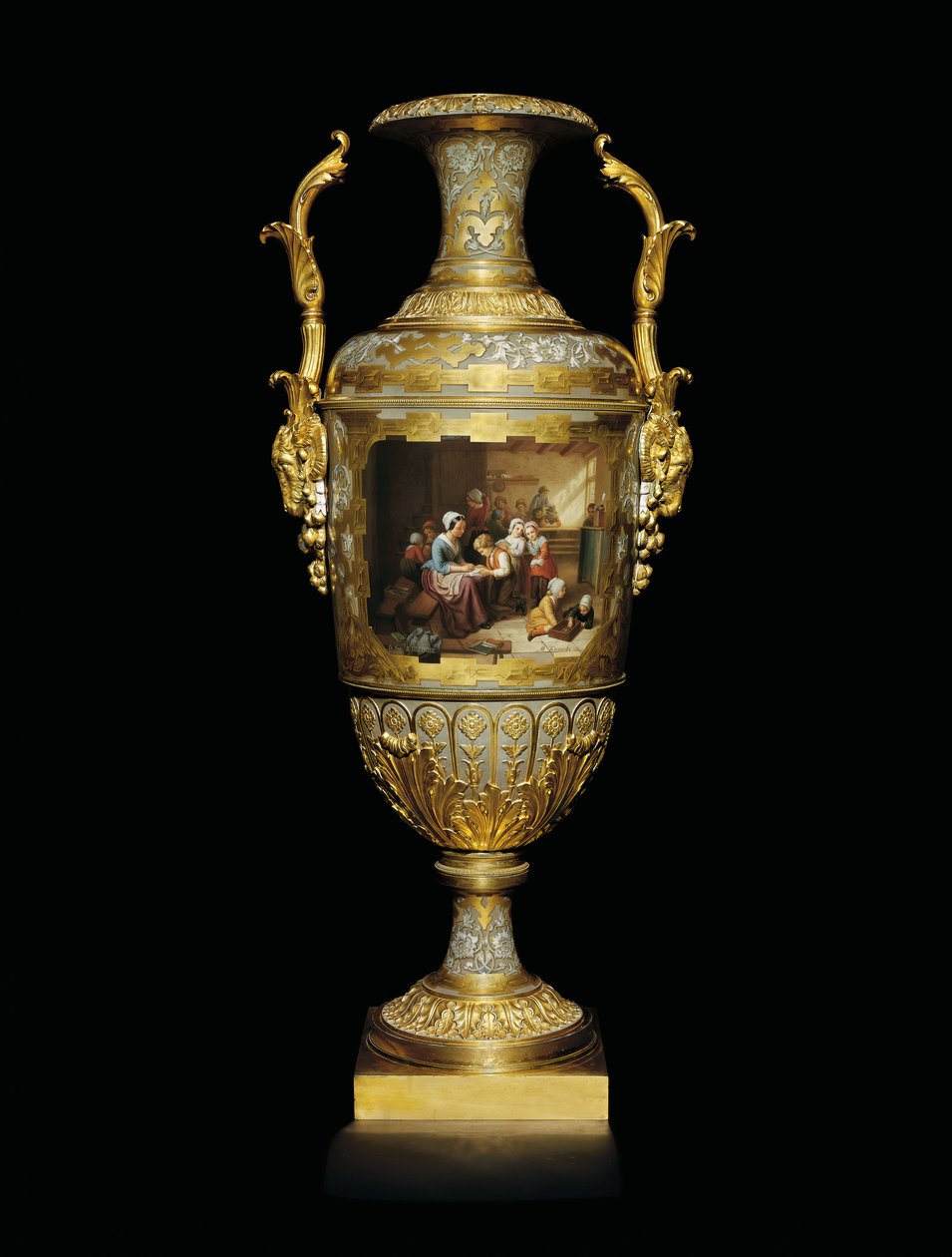 An Alexander II Two-Handled Porcelain and Gold Leaf Vase, Painted with a School Room Scene by Russian School