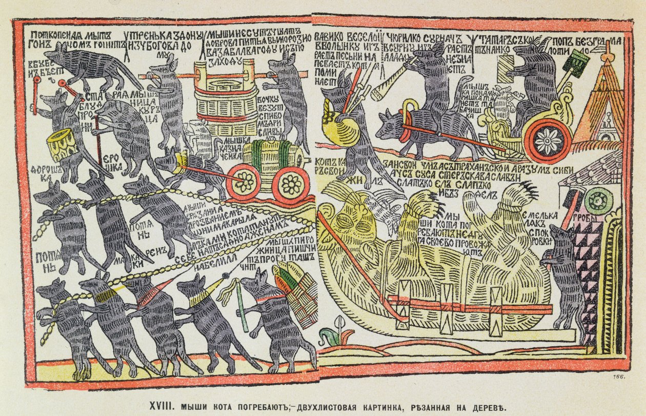 Funeral procession of mice for a dead cat, caricature about the burial of Peter the Great, 1860 by Russian School