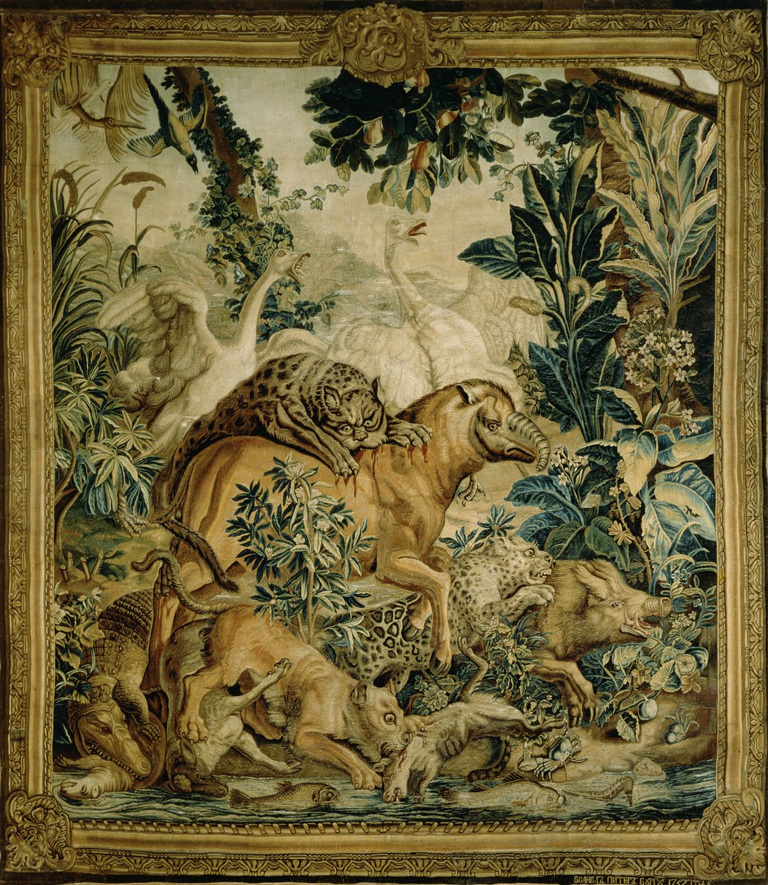 Tapestry depicting wild beasts fighting at a watering hole by Russian School
