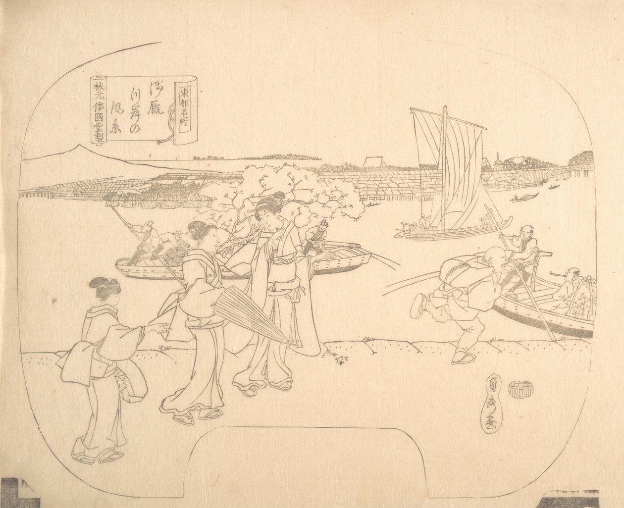 Proof Line-Block Print for Fan, 19th century by Sadahide Utagawa