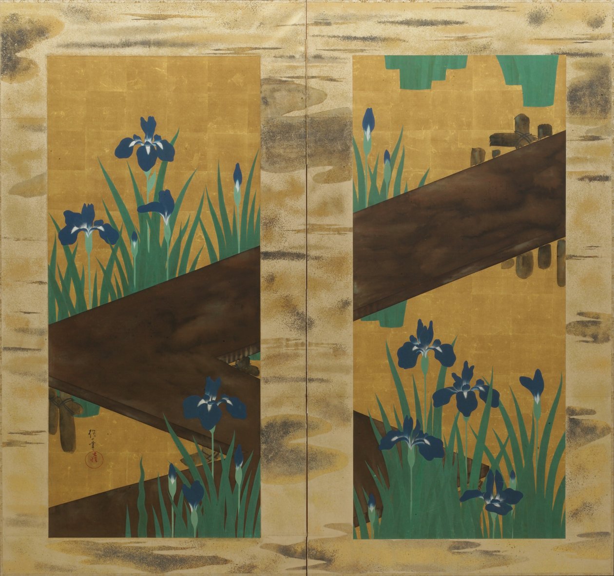 Irises and Eight-Fold Bridge, two-panel folding screen, c.1820 by Sakai Hoitsu