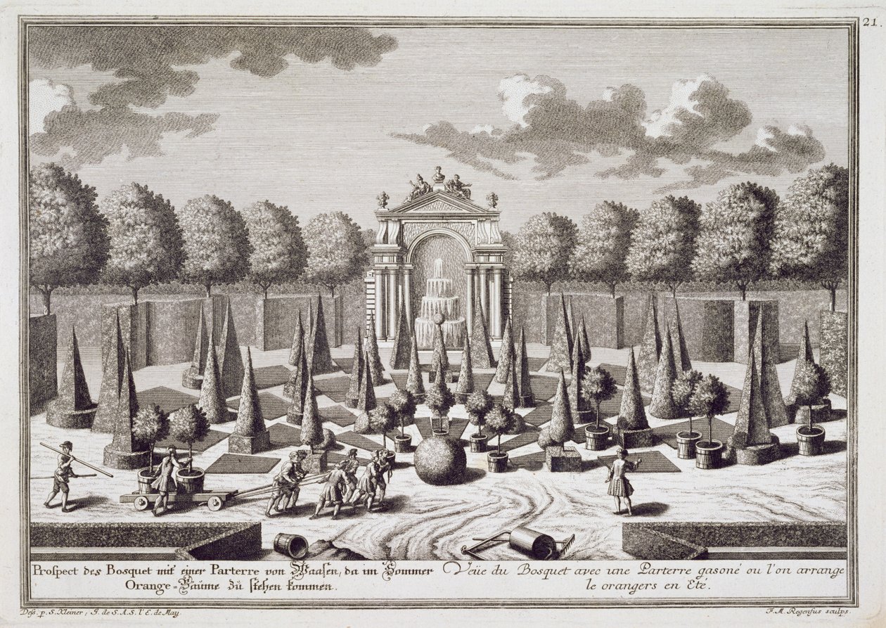 A Parterre with Orange Trees in the Garden of the Lichtenstein Palace, Vienna, Engraved by Franz Michael Regenfus by Salomon Kleiner