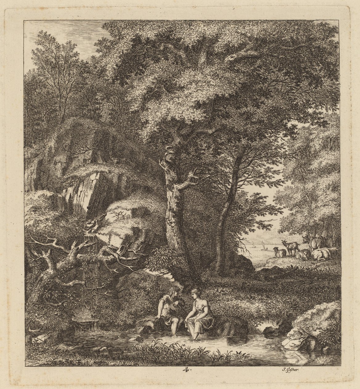 A Shepherd and a Young Woman With Their Feet in a Brook by Salomon Gessner