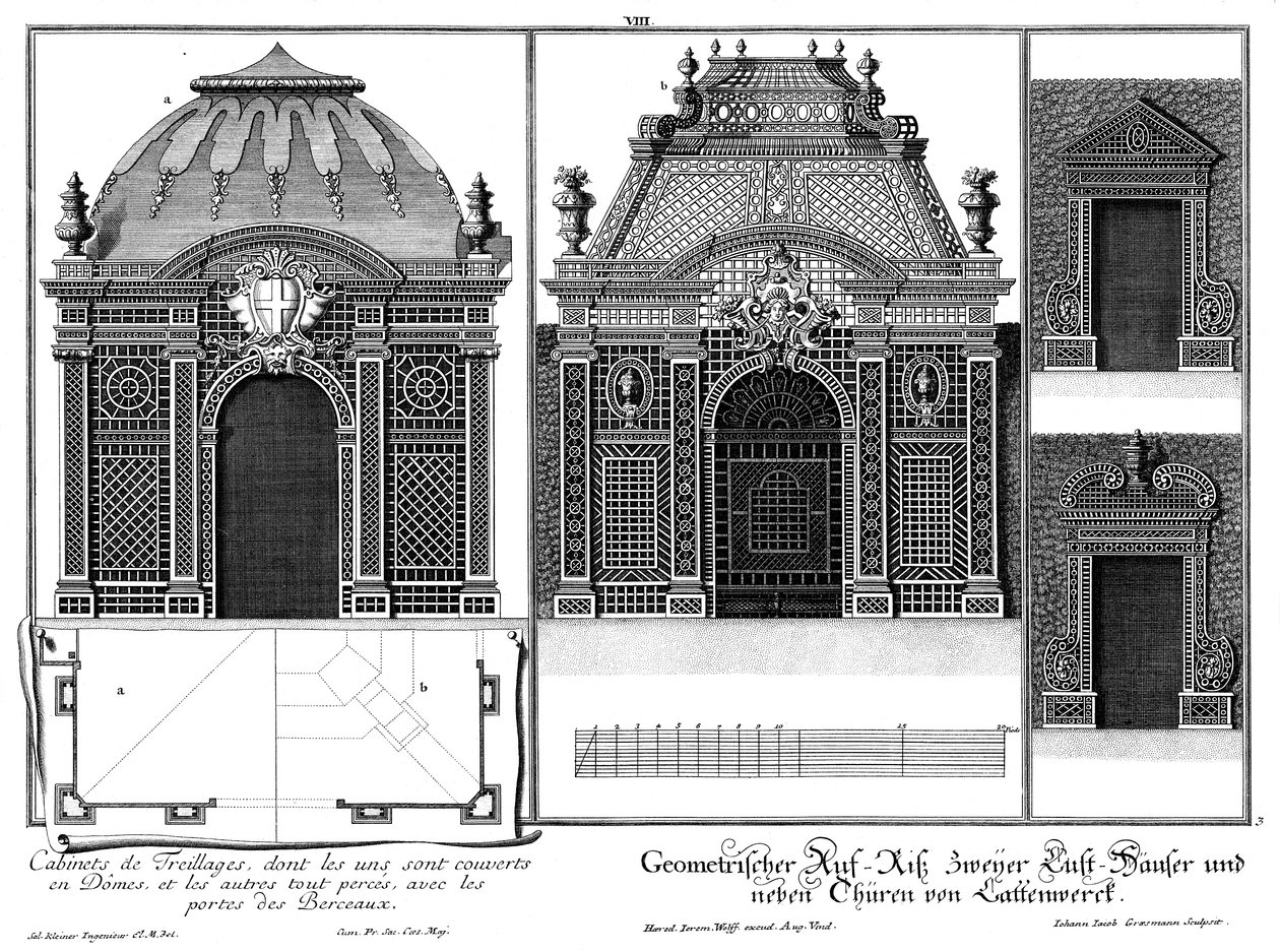 Elevation of Two Pavilions Made of Latticework and Two Gates of the Arbor, Floor Plan of Two Roof Solutions by Salomon Kleiner