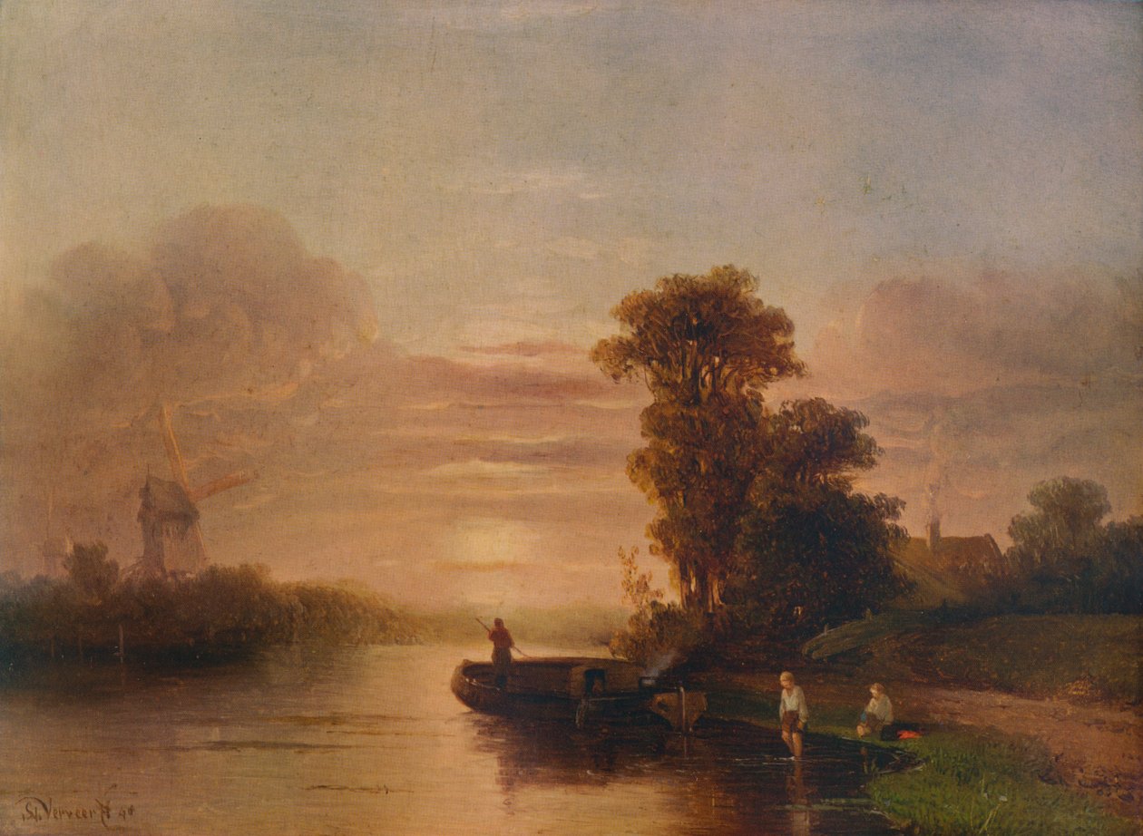 Sunset on a River, with Windmill and Cottage by Salomon Leonardus Verveer
