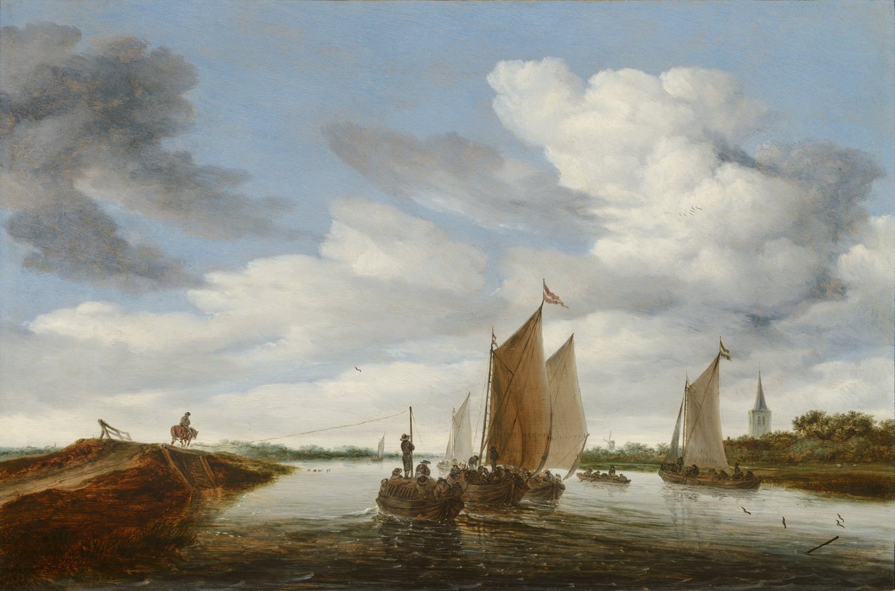 River Landscape with Sailing Boats and a Horse-Drawn Barge by Salomon van Ruysdael