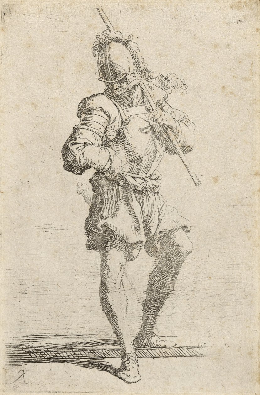 A Warrior, Holding a Staff Over His Shoulder and Stepping Off a Low Ledge by Salvator Rosa