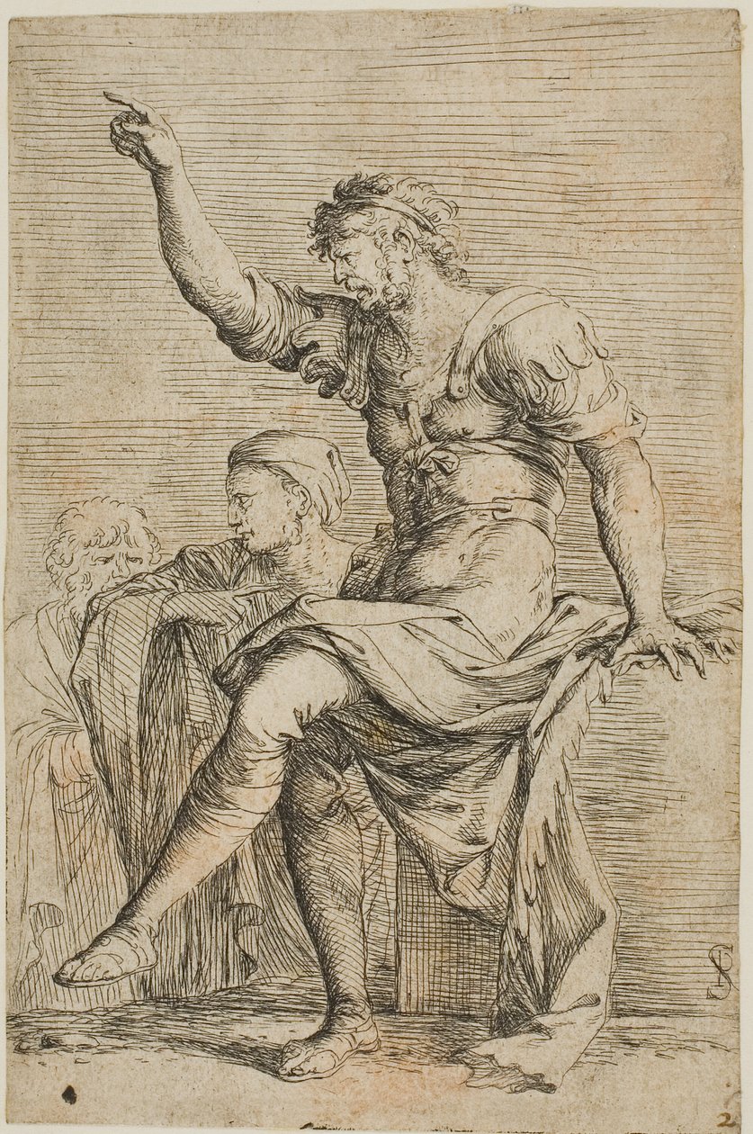 A warrior sits on a block and gestures; two figures are behind him, from Figurine series by Salvator Rosa