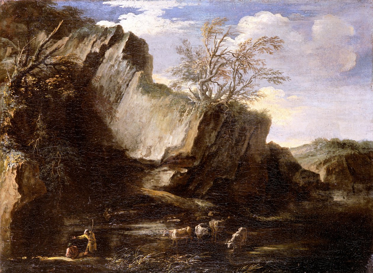 Rocky Landscape with Herdsmen and Cattle by Salvator Rosa