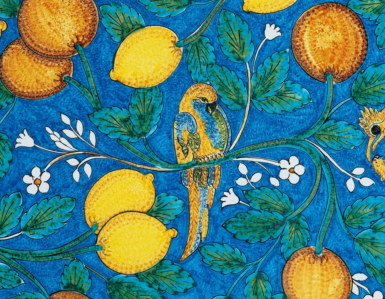 Citrus fruit, flowers and birds on blue background, decorative detail from table, lava stone majolica, Salvatore Gurreri manufacture, Caltagirone, Sicily, Italy, 20th century by Salvatore Gurreri manufacture