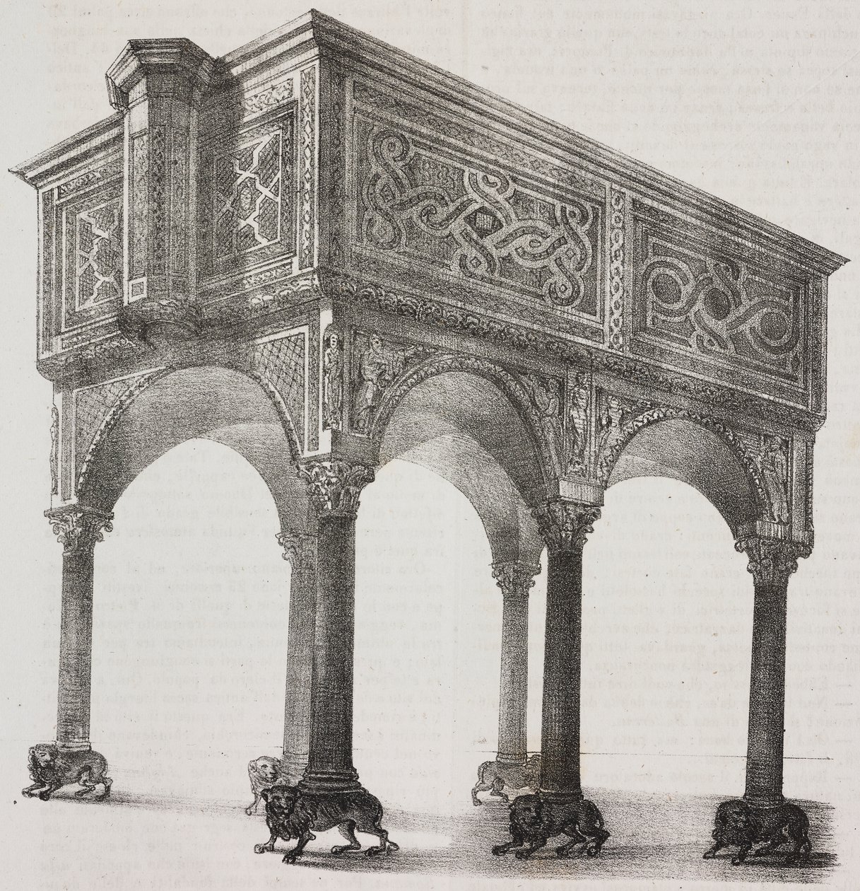Ancient ambo in Sessa Aurunca cathedral, Campania, Italy, lithograph by Salvatore Puglia after drawing by Pasquale Mattei from Poliorama Pittoresco by Salvatore Puglia