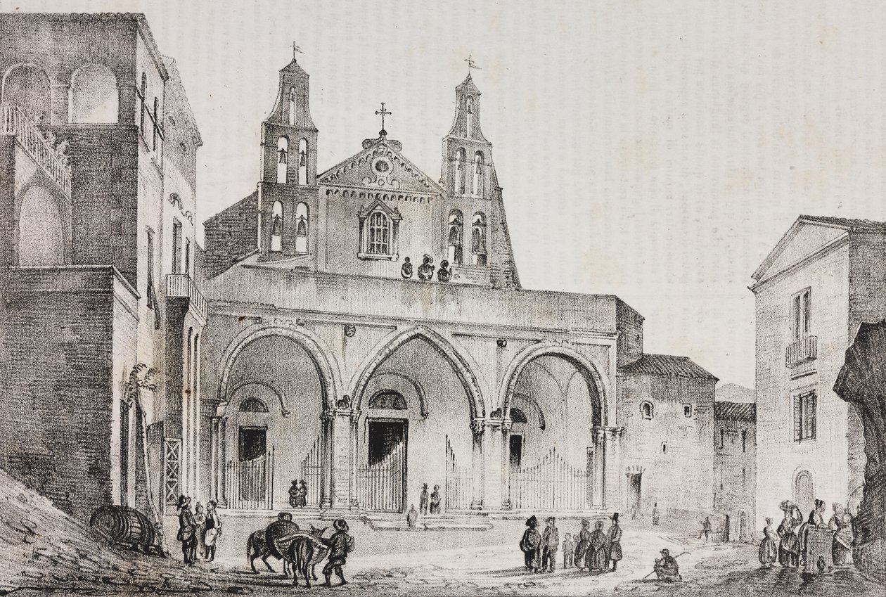 Facade of Cathedral of Sessa Aurunca, Campania, Italy. Lithograph by Salvatore Puglia after drawing by Pasquale Mattei from Poliorama Pittoresco by Salvatore Puglia