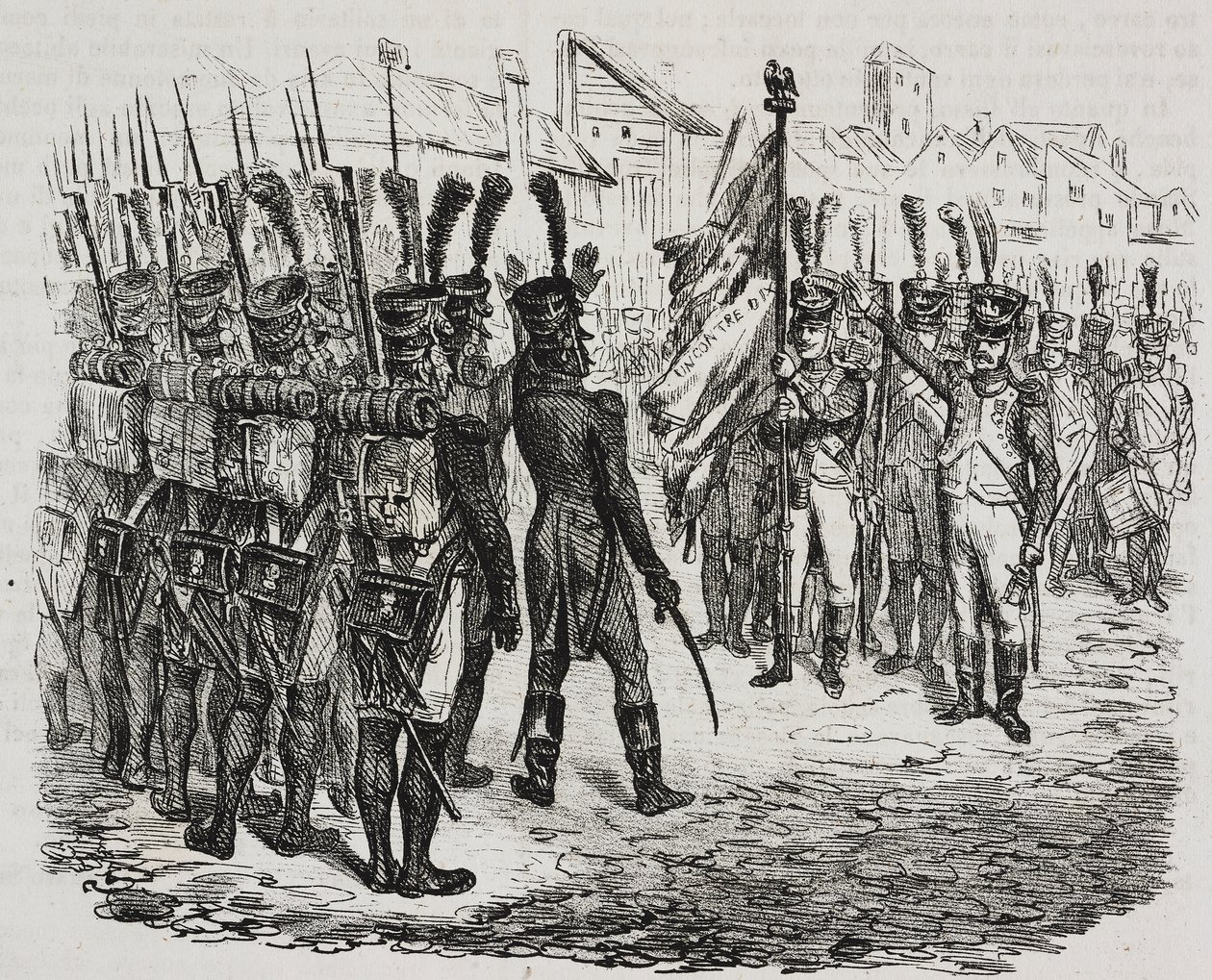 Flag of 84th regiment, lithograph by Salvatore Puglia from History of Napoleon by Cesare Malpica, from Poliorama Pittoresco, n 16, November 25 by Salvatore Puglia