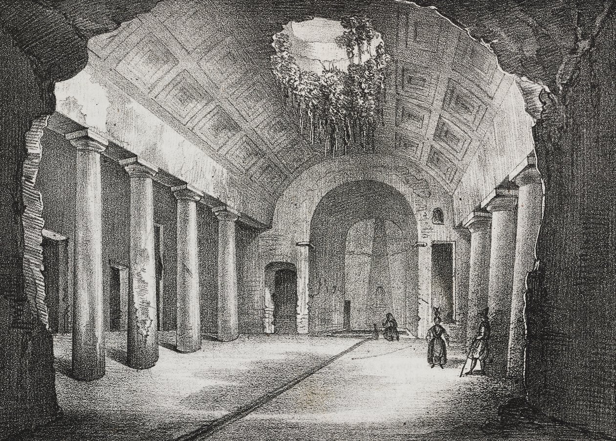Hall in ancient villa of Prince of Caposele in Formia, Lazio, Italy. Lithograph by Salvatore Puglia from Poliorama Pittoresco by Salvatore Puglia