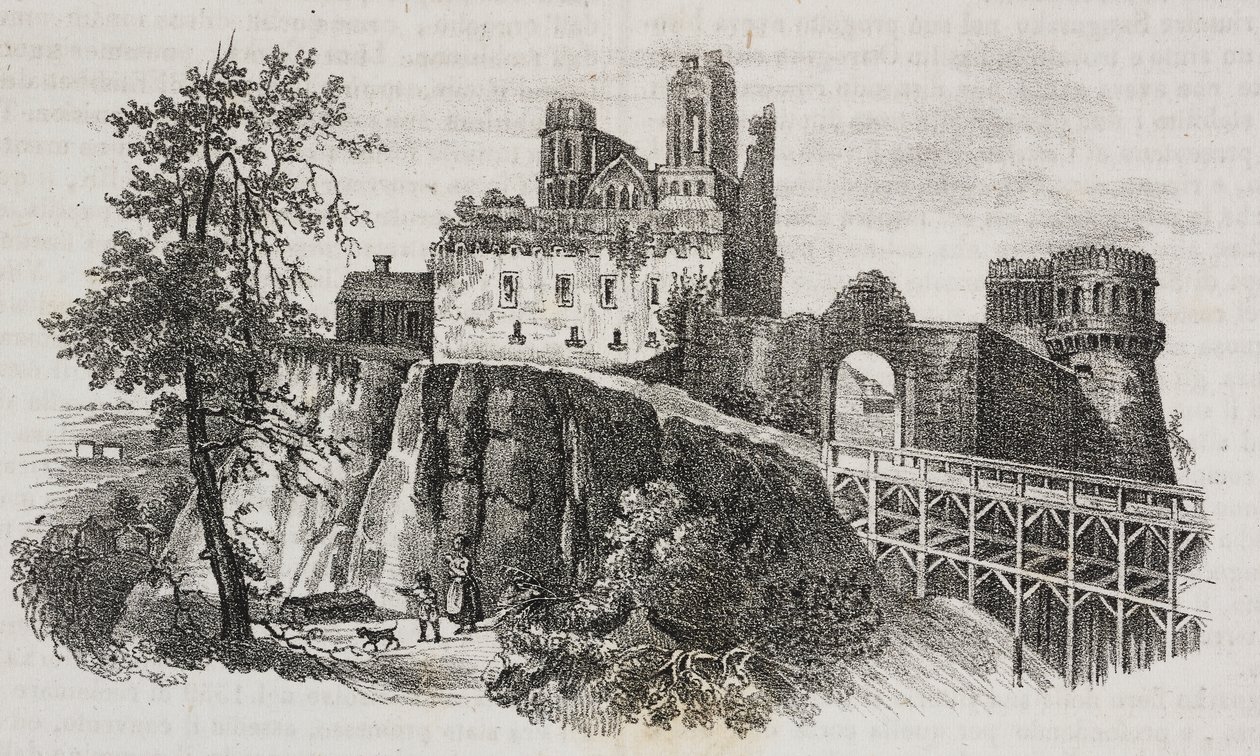 Ostroh Castle, Ukraine. Lithograph by Salvatore Puglia from Poliorama Pittoresco by Salvatore Puglia