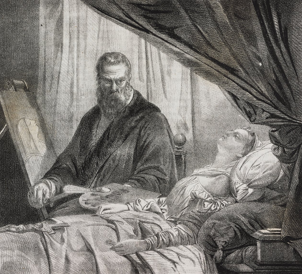 Tintoretto Painting His Dead Daughter (lithograph by Salvatore Puglia from Poliorama Pittoresco, n 27, February 10) by Salvatore Puglia