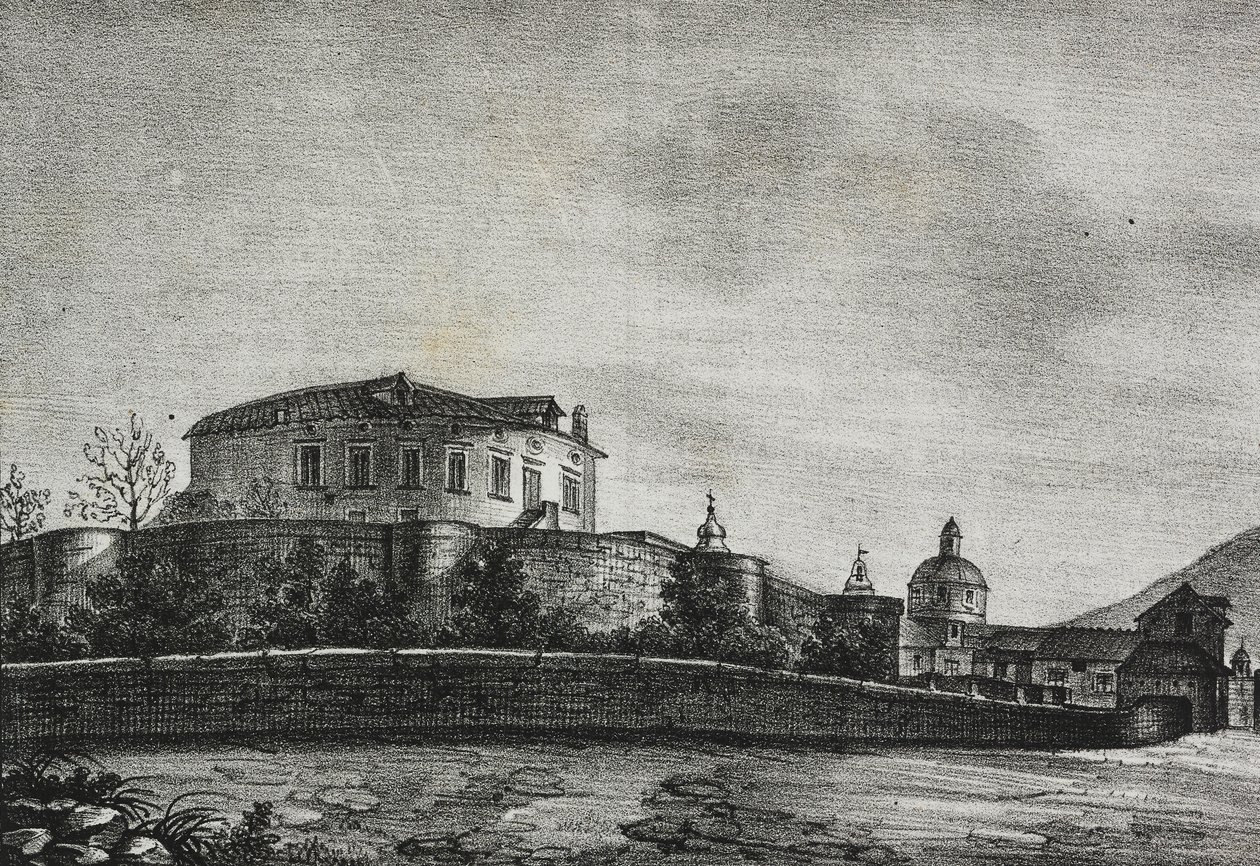 View of castle of Acerra, Campania, Italy, lithograph by Salvatore Puglia from Poliorama Pittoresco by Salvatore Puglia