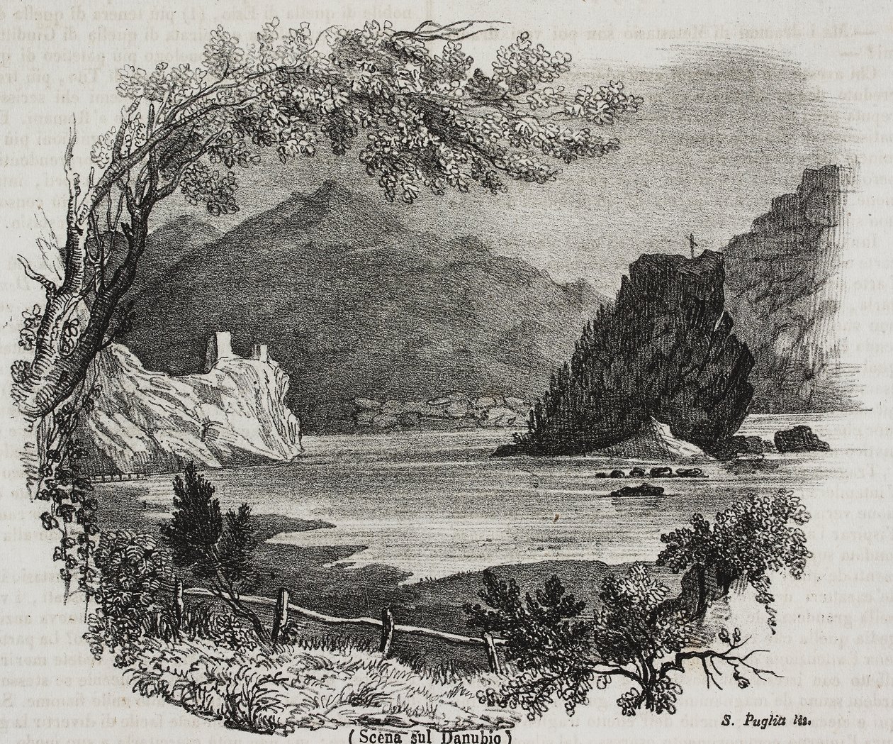 View on Danube river, lithograph by Salvatore Puglia from Poliorama Pittoresco by Salvatore Puglia