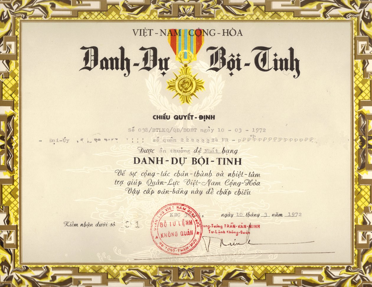 Vietnam Armed Forces Honor Medal (First Class) Citation by Same.