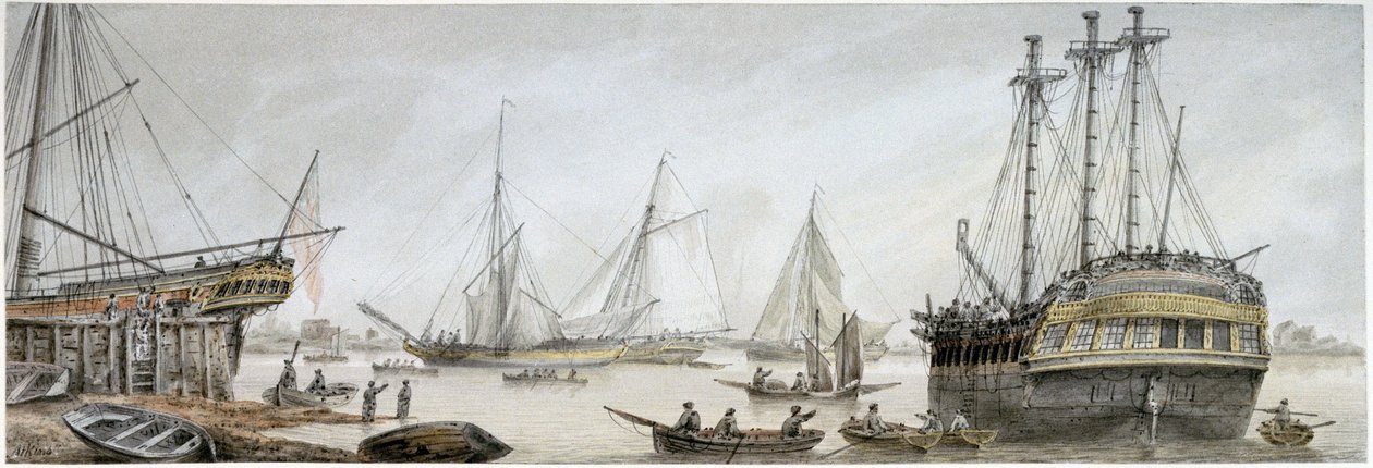 An Indiaman ship set up for repairs on the Thames, with a description of the ordinary activities of the Royal Shipyards at Deptford by Samuel Atkins