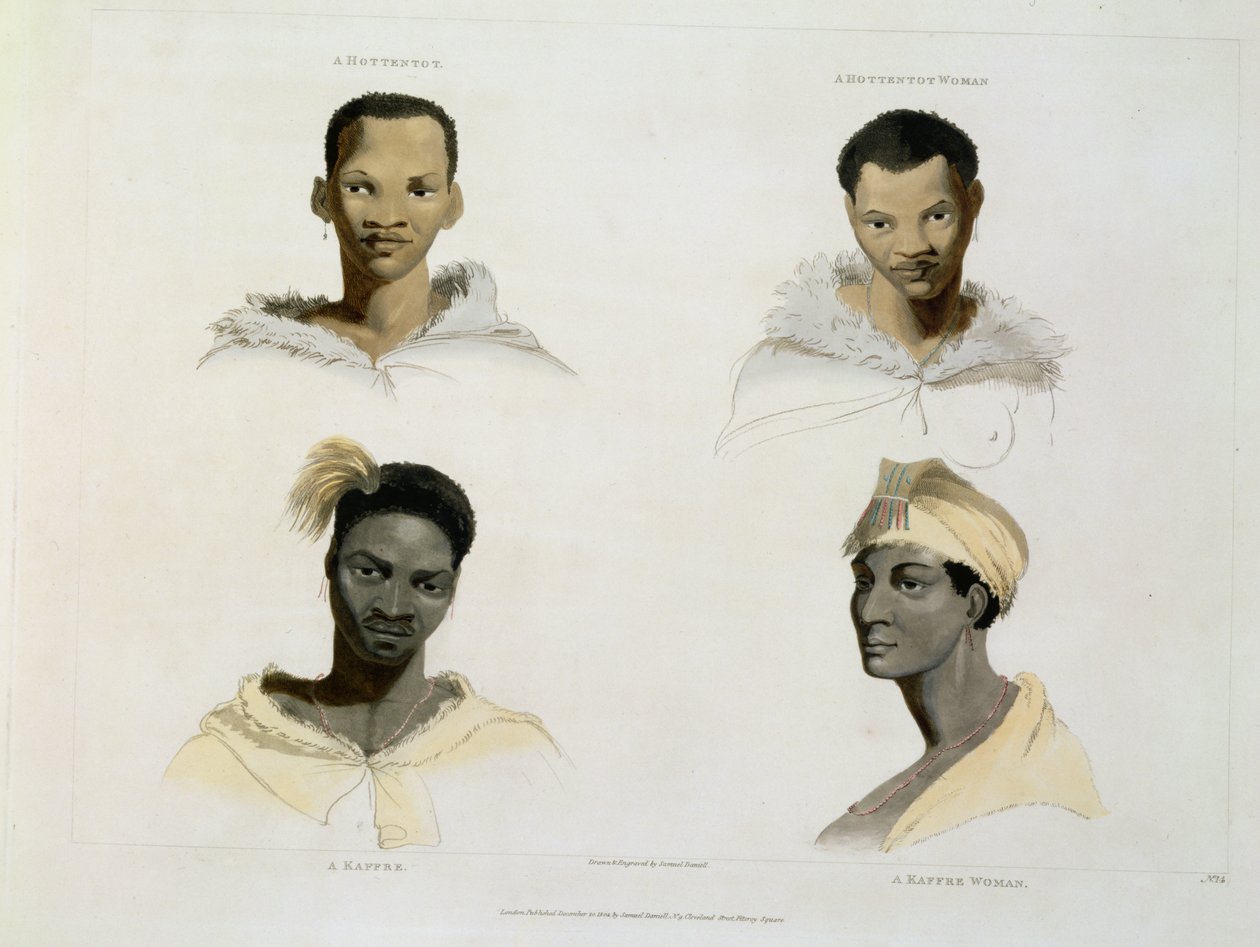 A Hottentot, a Hottentot Woman, a Kaffre, a Kaffre Woman: Four Head and Shoulder Vignettes, Plate 14 from 