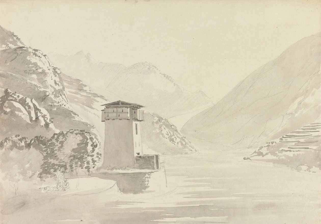 View from the Bridge at Wandepore [Wangdu Phodrang] by Samuel Davis