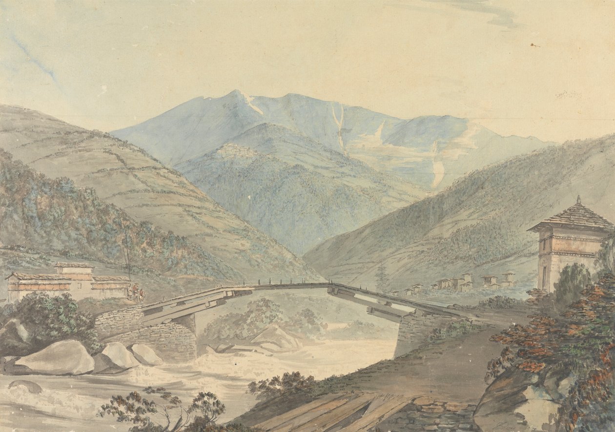 View near Tassisudon [Tashicho Dzong] in Bhutan by Samuel Davis