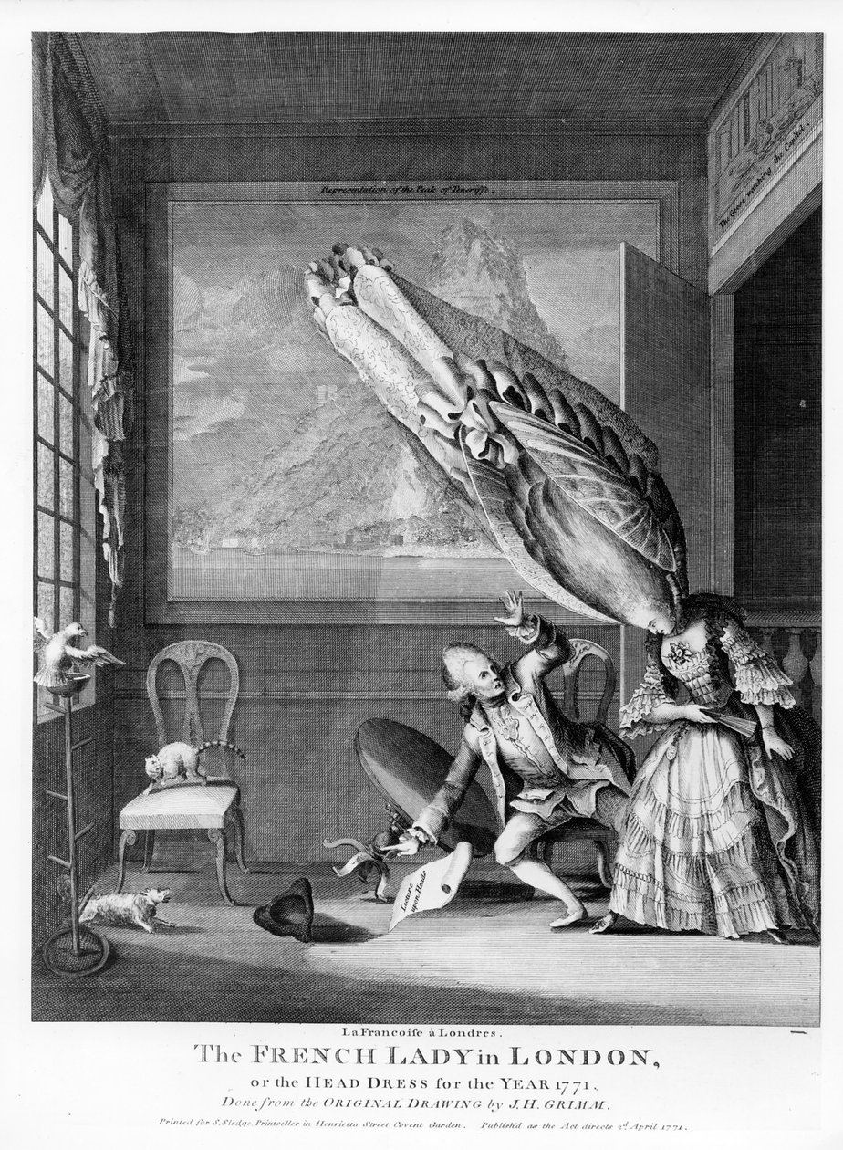 The French Lady in London or The Head Dress of the Year 1771, printed for S. Sledge by Samuel Hieronymous Grimm