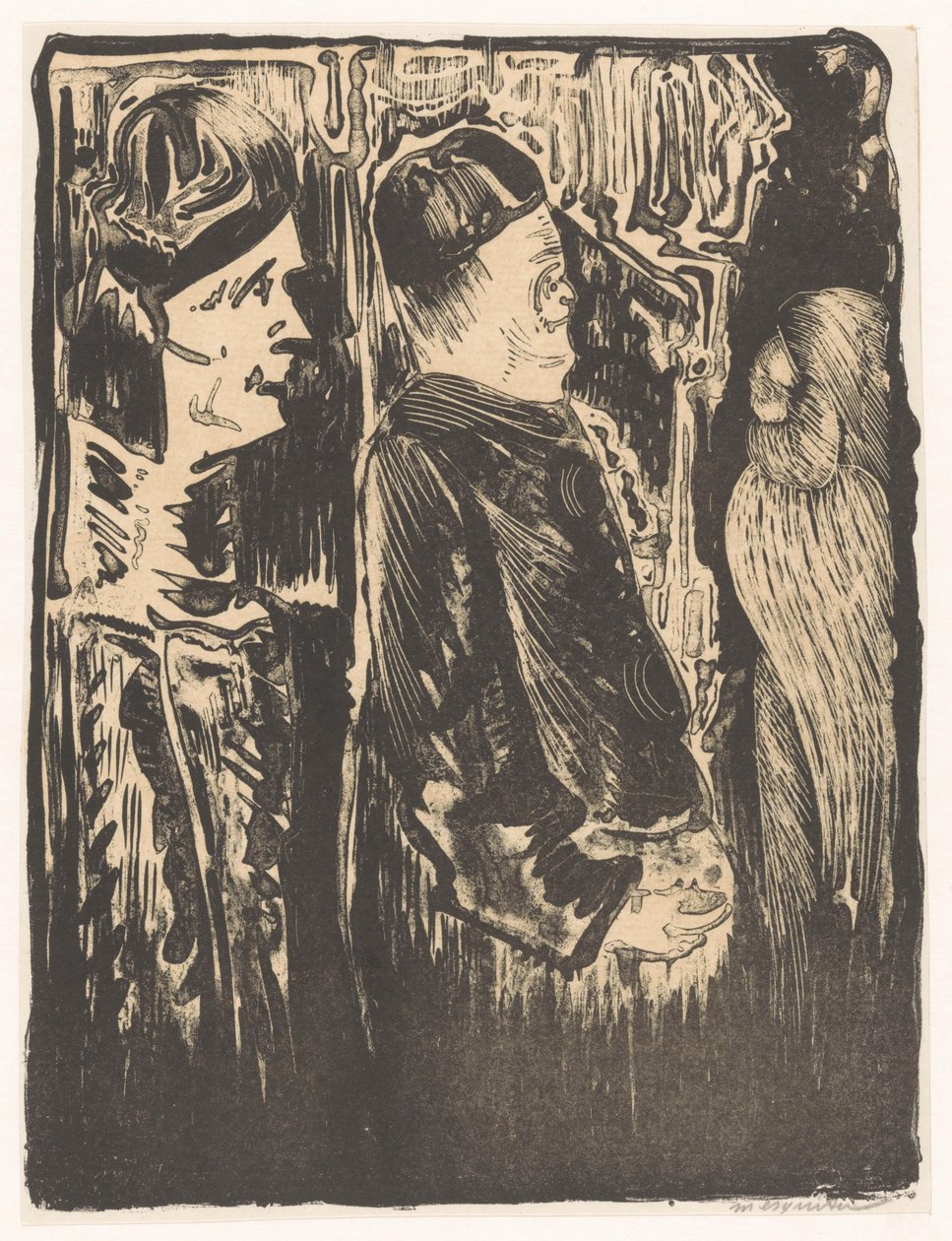 Fantasy: Two Figures with Hats on the Left, Scratched Appearance with Feathered Cloak on the Right by Samuel Jessurun de Mesquita (signed by artist)