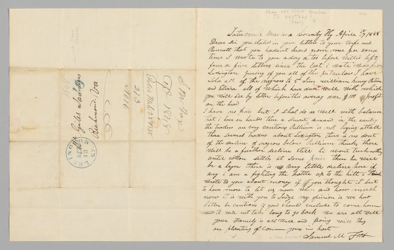 Letter to Giles Saunders from Samuel M. Fox concerning the slave trade, April 17, 1848 by Samuel M. Fox