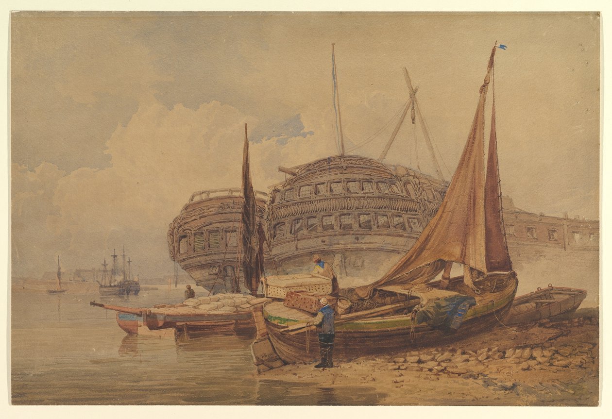 Coastal Scene with Beached Boats in Foreground by Samuel Prout