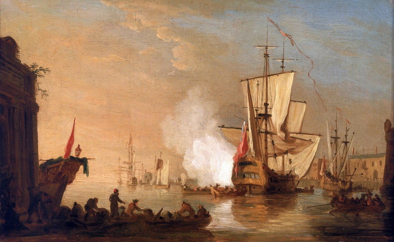 British warship firing the cannon to greet, upon arrival in port by Samuel Scott
