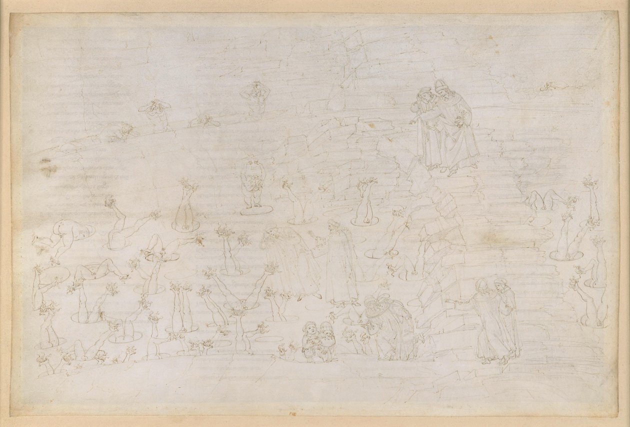 The Divine Comedy, Inferno XIX. Virgil and Dante in the Eighth Circle of Hell (Malebolge), 3rd Bolgia: Corrupt in Ecclesiastical Offices, Punishment of the Simoniacs by Sandro Botticelli