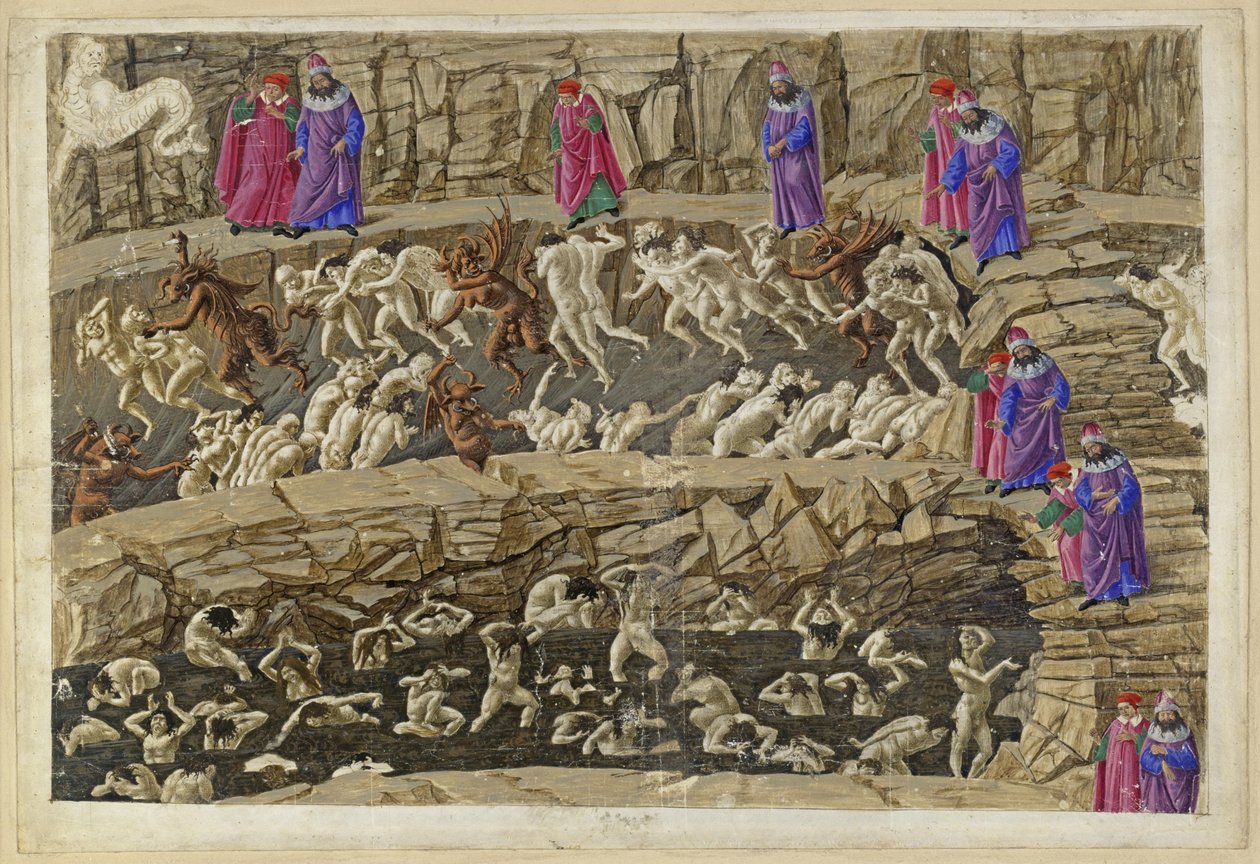 The Divine Comedy, Inferno XVIII. Virgil and Dante in the Eighth Circle of Hell (Malebolge), 1st and 2nd Bolgia: Punishment of the Panderers and Seducers, the Flatterers and Whores by Sandro Botticelli